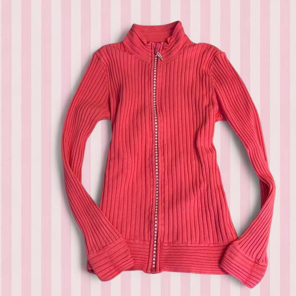 Beldini Hot Pink Ribbed Knit Rhinestone Zip-Up Sweater